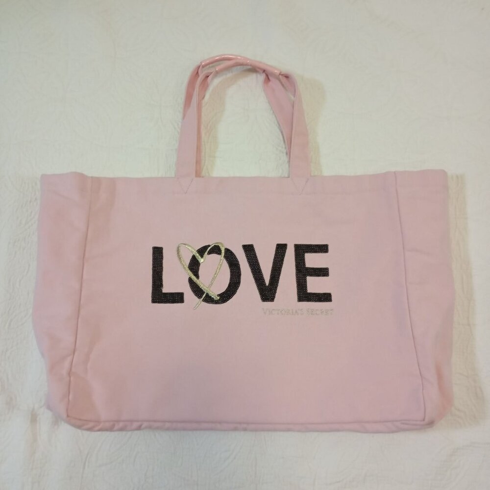 Victorias Secret Pink Canvas Tote Bag LOVE Sequins Design & Inner Zip Pocket
